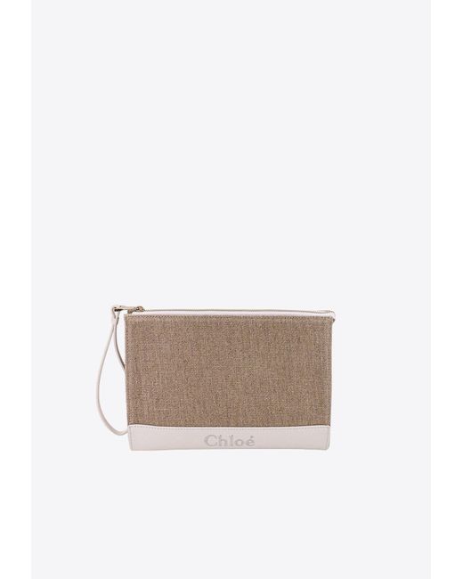Chloé White Logo Embroidered Pouch Bag