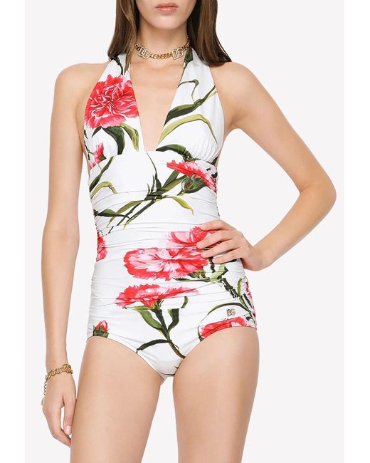 Dolce Gabbana Carnation print One piece Swimsuit In Red Lyst