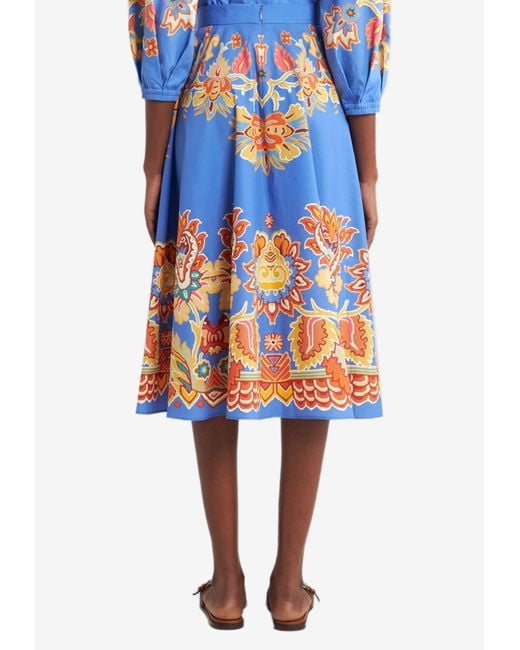 Etro Blue Printed Poplin Midi Skirt