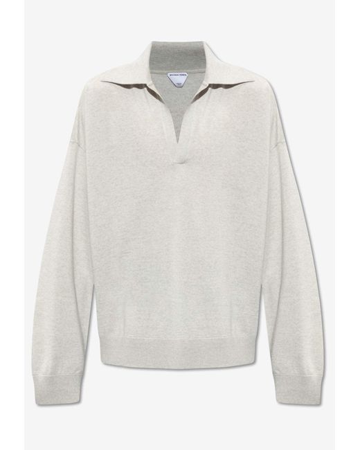 Bottega Veneta White V-Neck Wool Polo Sweater for men