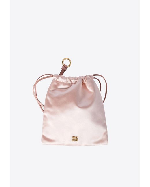 Miu Miu Pink Logo Plaque Satin Pouch Bag