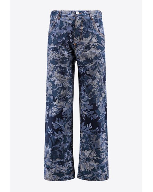 Etro Blue Floral Print Wide-Leg Jeans for men