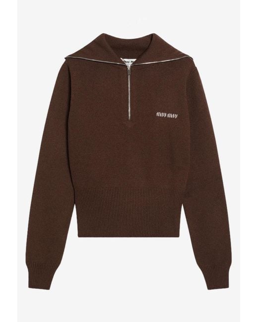 Miu Miu Brown Half-Zip Logo Cashmere Sweater