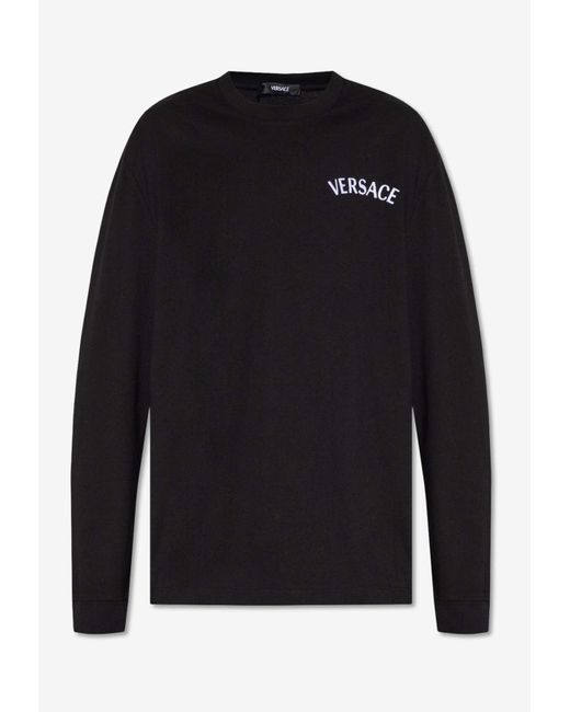 Versace Blue Logo Embroidered Long-Sleeved T-Shirt for men
