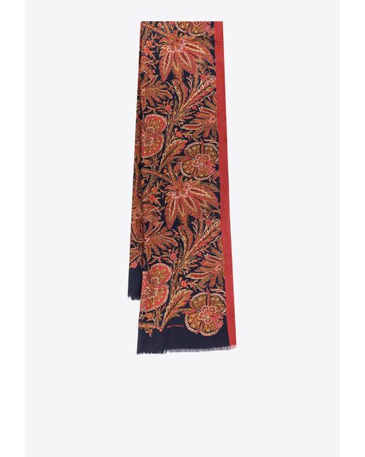 Etro Red Floral Print Frayed Scarf for men