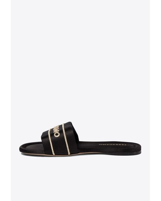Ferragamo White Logo Embroidered Slides