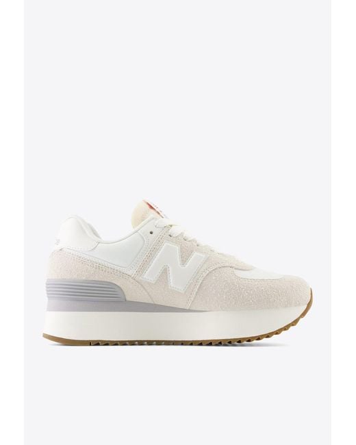 New Balance White 574+ Low-Top Sneakers