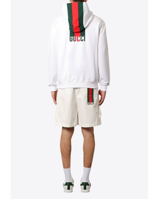Gucci Men's White Web Band Logo Hooded Sweatshirt