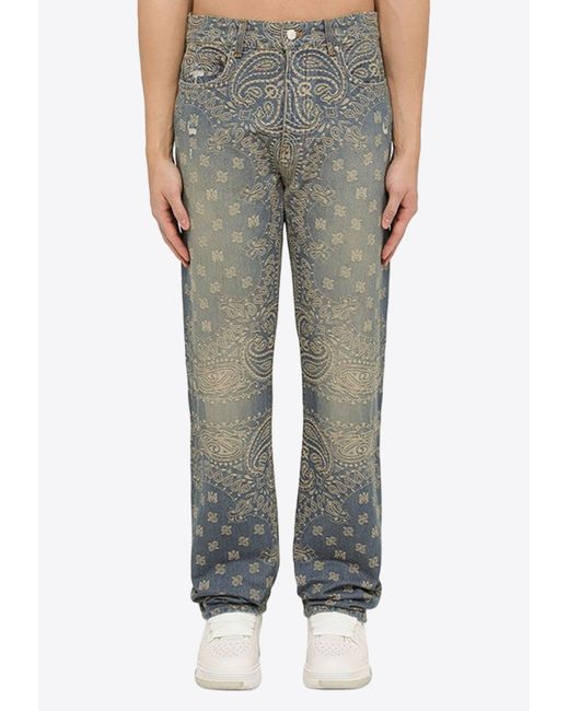 Amiri Gray Bandana-Embroidered Straight-Leg Jeans for men