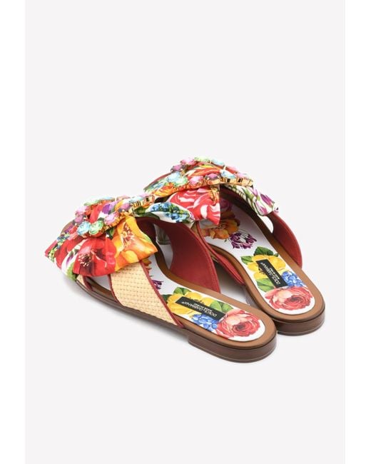 Dolce & Gabbana Multicolor Bianca Floral Flat Sandals With Crystal Buckle