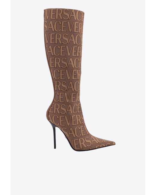 Versace Brown 100 All-Over Logo Knee-High Boots