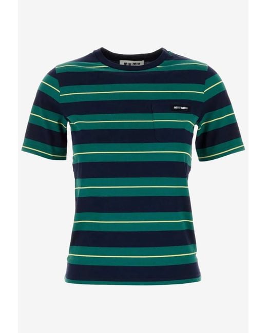 Miu Miu Green Striped Cotton T-Shirt