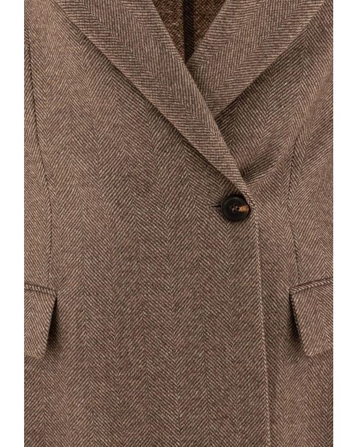 Brunello Cucinelli Brown Chevron Wool Double-Breasted Blazer