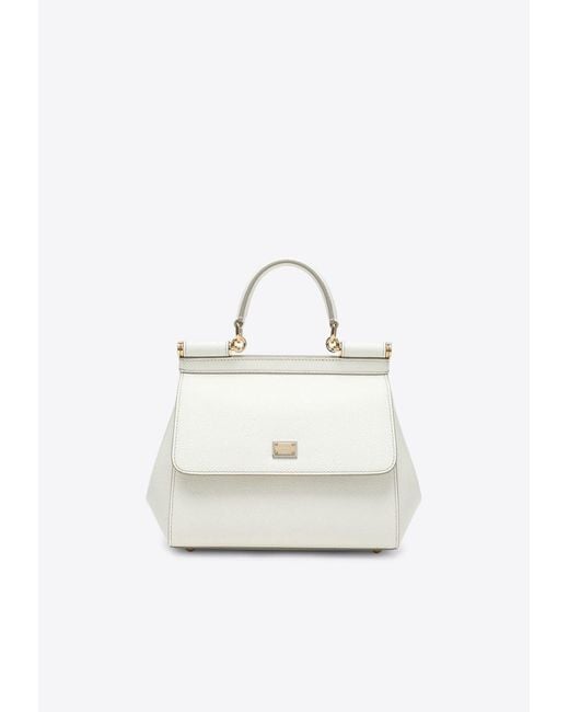 Dolce & Gabbana White Large Sicily Hammered Leather Top Handle Bag