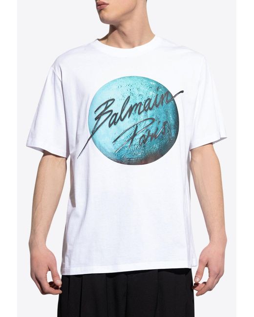 Balmain Blue Logo And Planet Print T-Shirt for men