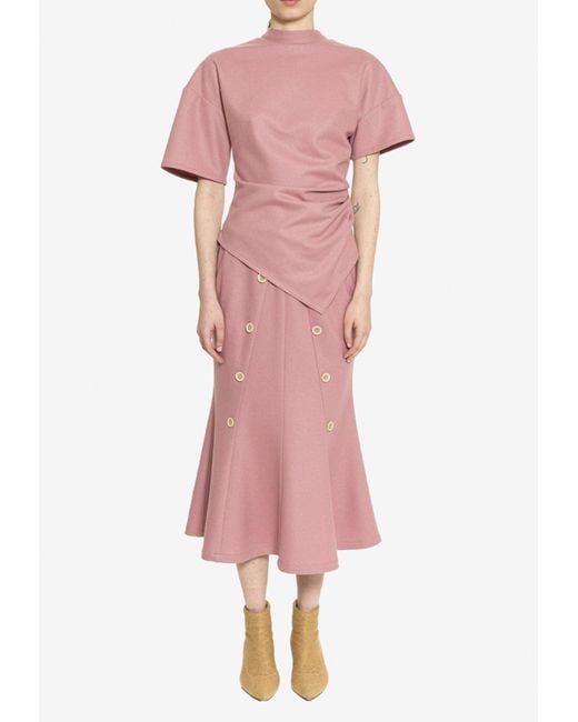 Dawei Pink Flared Midi Skirt With Button Details