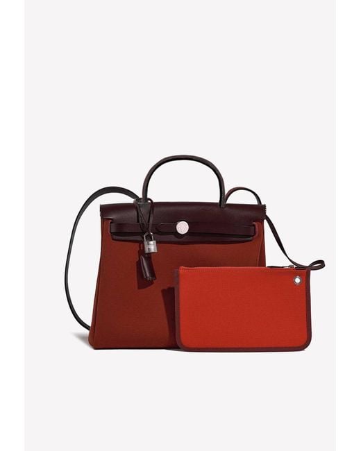 Hermès Red Herbag 31 In Cuivre Toile And Rouge Sellier Vache Hunter Leather With Palladium Hardware