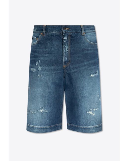 Dolce & Gabbana Blue Distressed Denim Bermuda Shorts for men