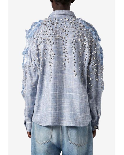 1989 STUDIO Blue Crystal-Embellished Flannel Shirt for men