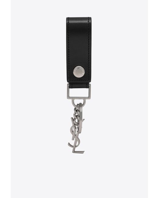 Saint Laurent Black Cassandre Leather Keychain for men