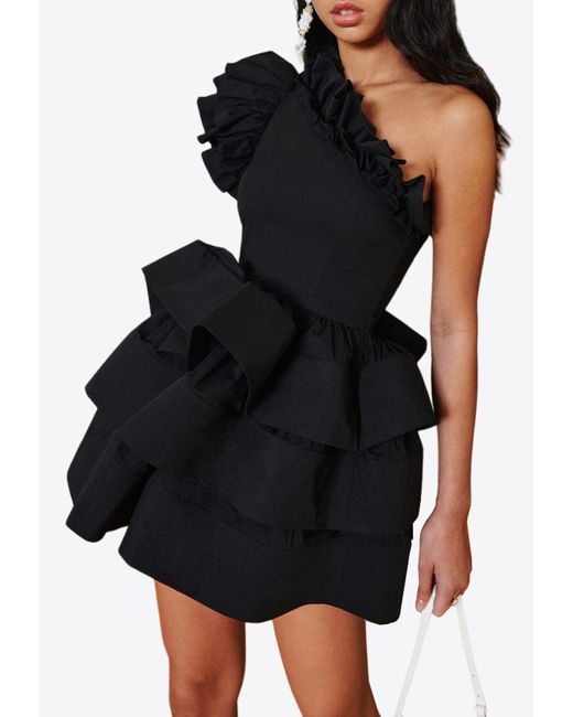 Celiab Black Baltic One-Shoulder Ruffled Mini Dress