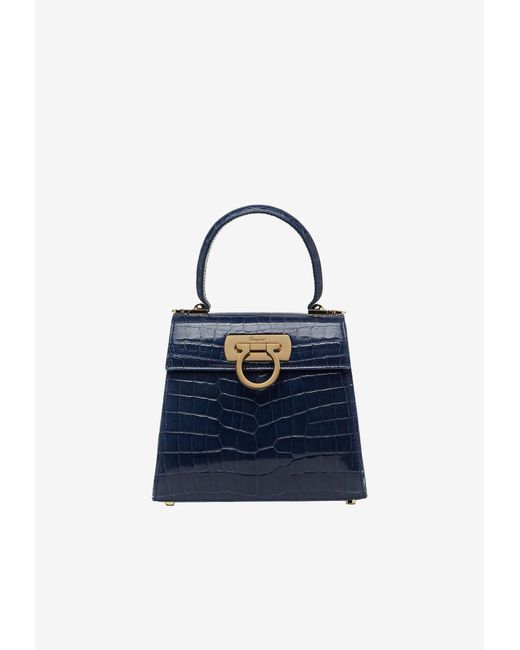 Ferragamo Small Gancini Top Handle Bag In Crocembossed Leather in Blue