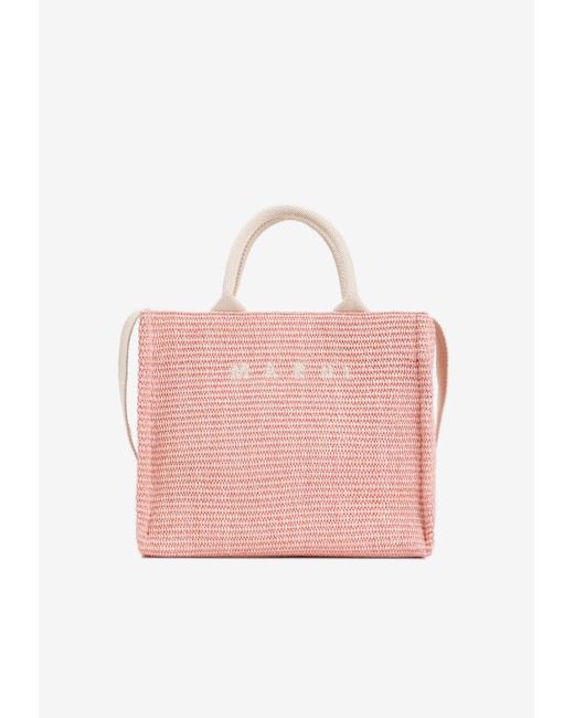 Marni Pink Small Raffia-Effect Tote Bag