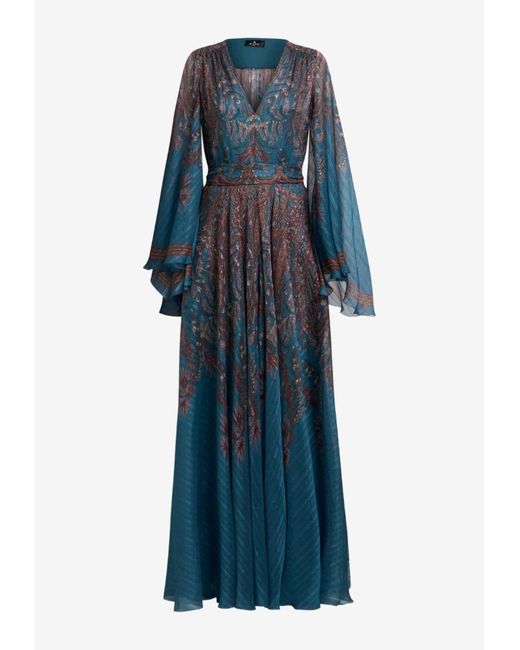 Etro Blue Floral Paisley Maxi Silk Dress
