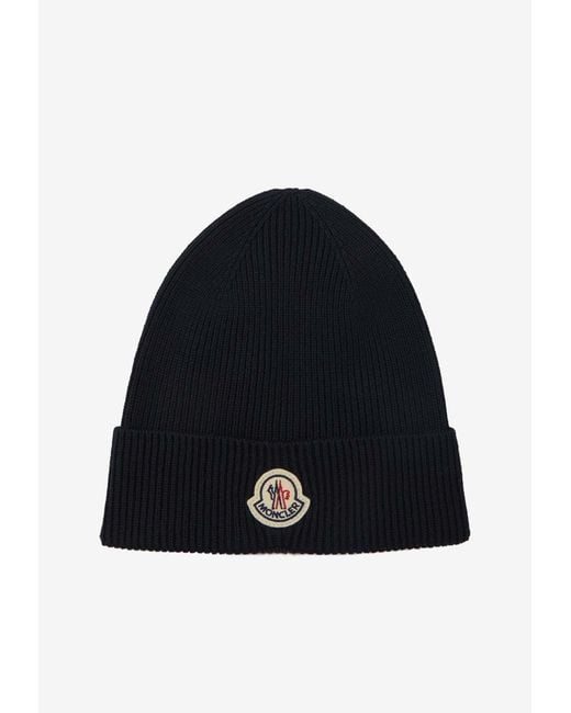 Moncler Blue Logo Patch Ribbed Wool Beanie for men