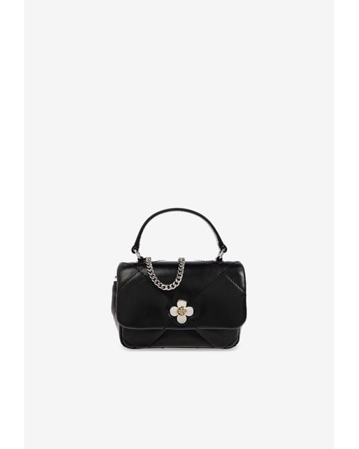 Tory Burch Black Mini Kira Diamond Quilt Clover Top Handle Bag