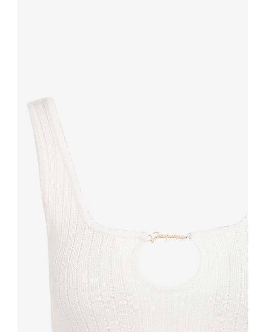 Jacquemus White Cut-Out Logo-Plaque Rib Mini Dress