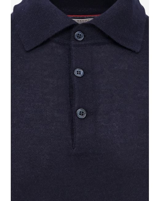 Brunello Cucinelli Blue Long-Sleeved Cashmere Polo T-Shirt for men