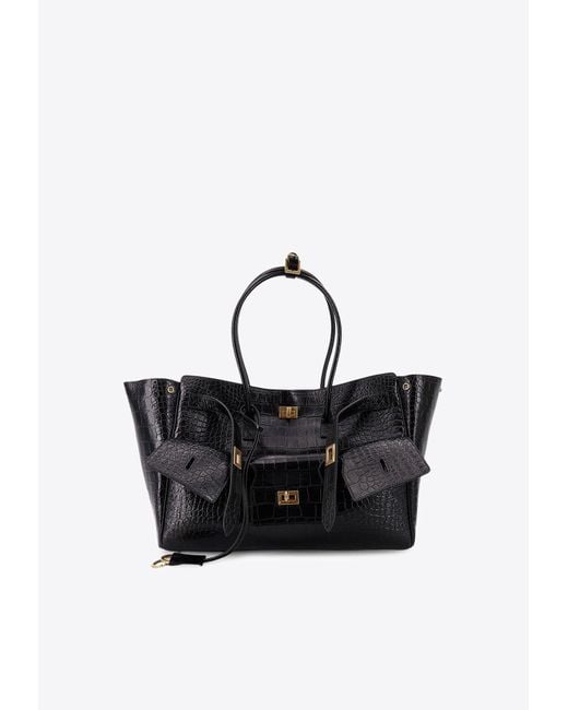 Balenciaga Black Medium Bel Air Croc-Embossed Leather Tote Bag