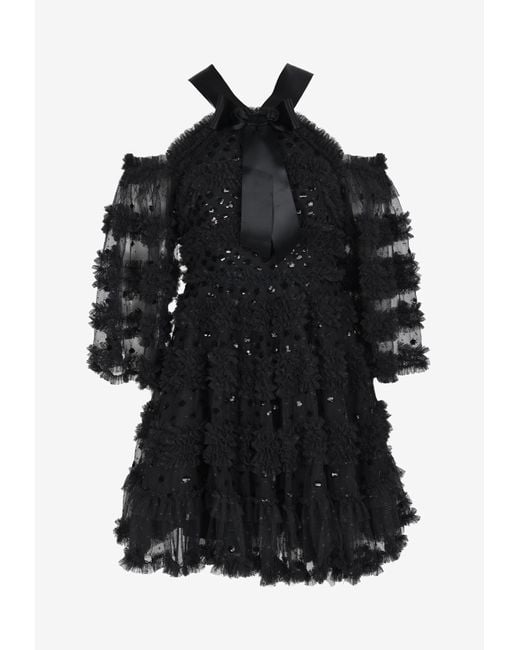 Needle & Thread Black Vivian Off-shoulder Micro Mini Dress
