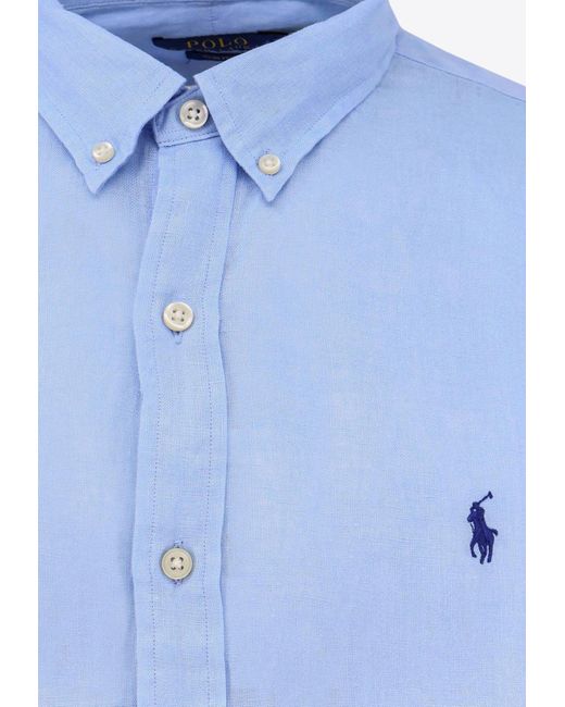 Polo Ralph Lauren Blue Logo Button-Up Linen Shirt for men