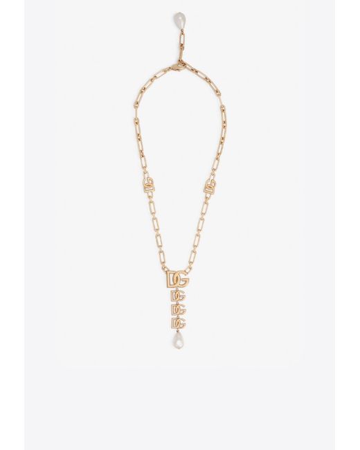 Dolce & Gabbana Dg Logo Necklace With Pearl Detail in Gold (Metallic ...