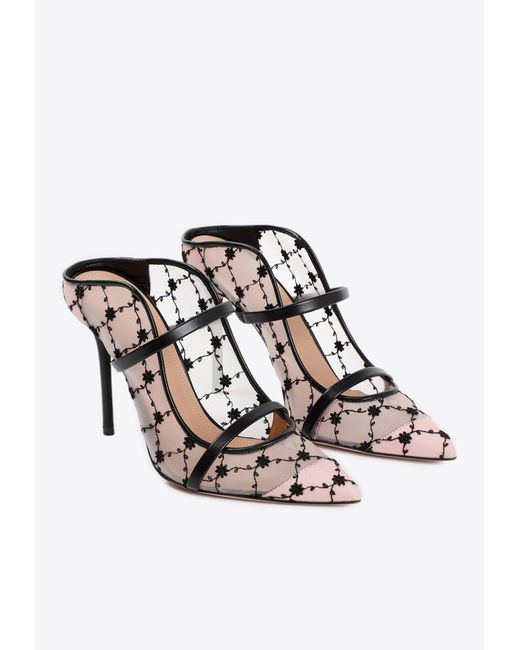 Malone Souliers White Maureen 100 Floral Mesh Mules