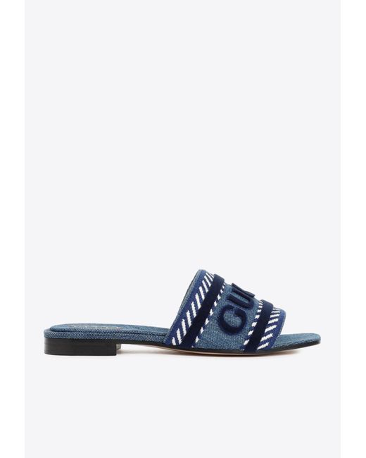 Gucci Blue Logo Embroidered Denim Flat Sandals
