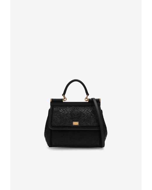Dolce & Gabbana Black Medium Sicily Embroidered Top Handle Bag