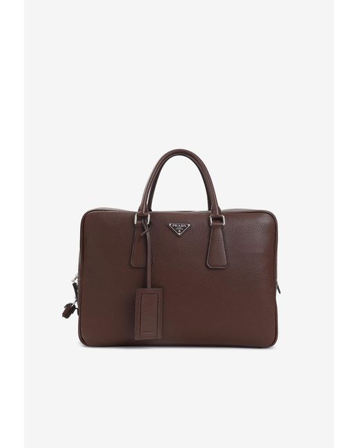 Prada Brown Triangle Logo Leather Briefcase for men