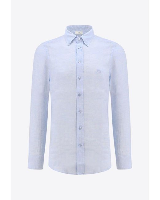 Etro Blue Pegaso Embroidered Long-Sleeved Shirt for men