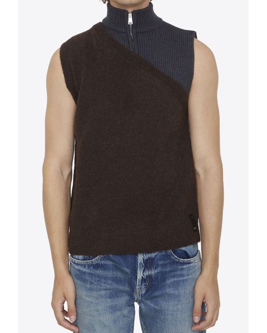 Fendi High neck Paneled Sweater Vest In Wool Blend in Black for