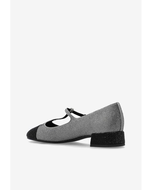 Tory Burch White Cap-Toe T-Strap Pavé Ballet Flats