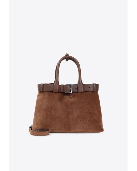 Prada Brown Large Buckle Calf Leather Top Handle Bag