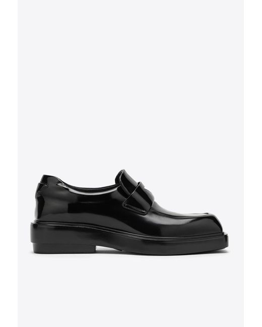 Prada Black Square-Toe Brushed Leather Loafers