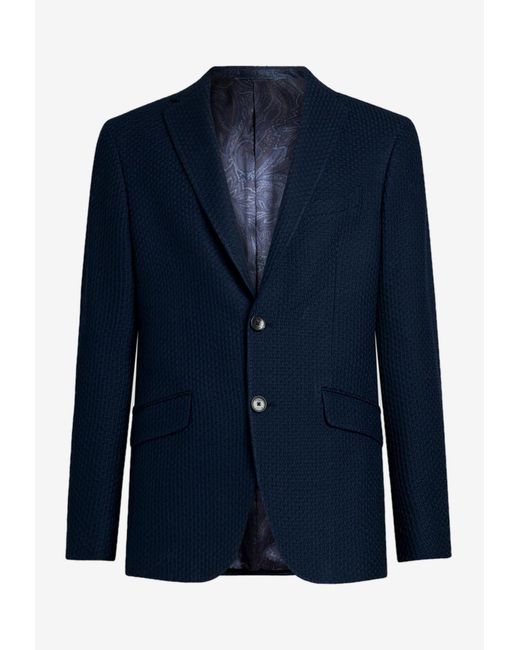 Etro Blue Single-Breasted Worked Weave Blazer for men