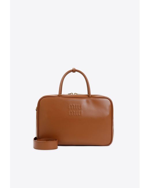 Miu Miu Brown Logo Laptop Bag In Nappa Leather