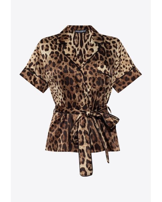 Dolce & Gabbana Brown Leopard Print Belted Silk Shirt