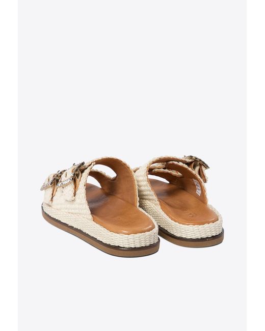 Alibi White Greta Crystal Buckle Raffia Sandals