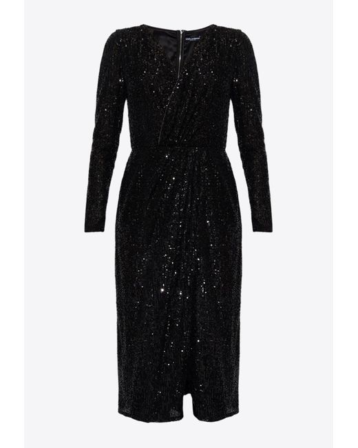 Dolce & Gabbana Black V-Neck Sequined Midi Dress